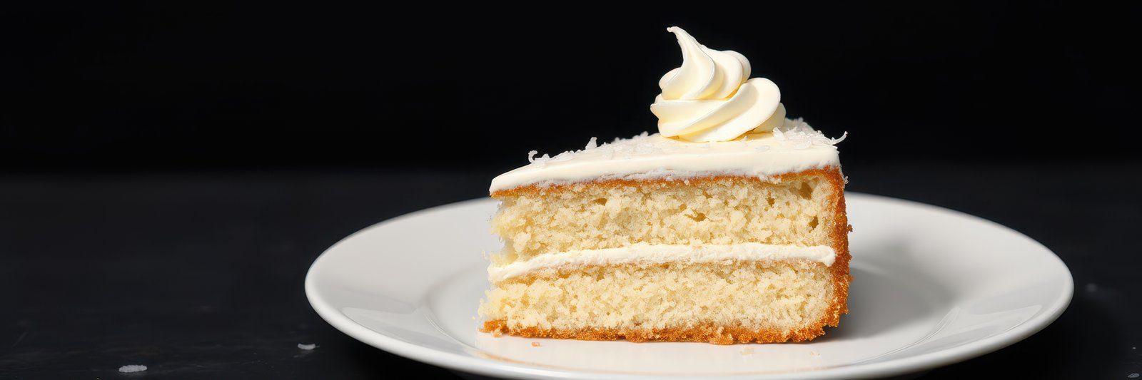Delicious slice of vanilla cake with creamy frosting on a white plate against a dark background